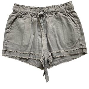 Gray Linen Blend drawstring tiered distressed hem shorts- boho lounge